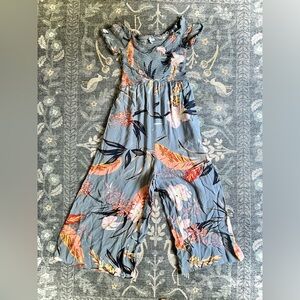 Patrons of Peace Grey Cropped Jumpsuit with pink orange tropical print